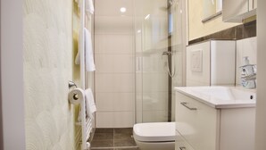 A modern bathroom with a glass shower enclosure, a toilet, and a sink with a mirror above it.