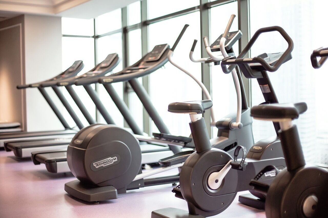 Une rangée de vélos d’appartement et de tapis de course dans une salle de sport dotée de grandes fenêtres.