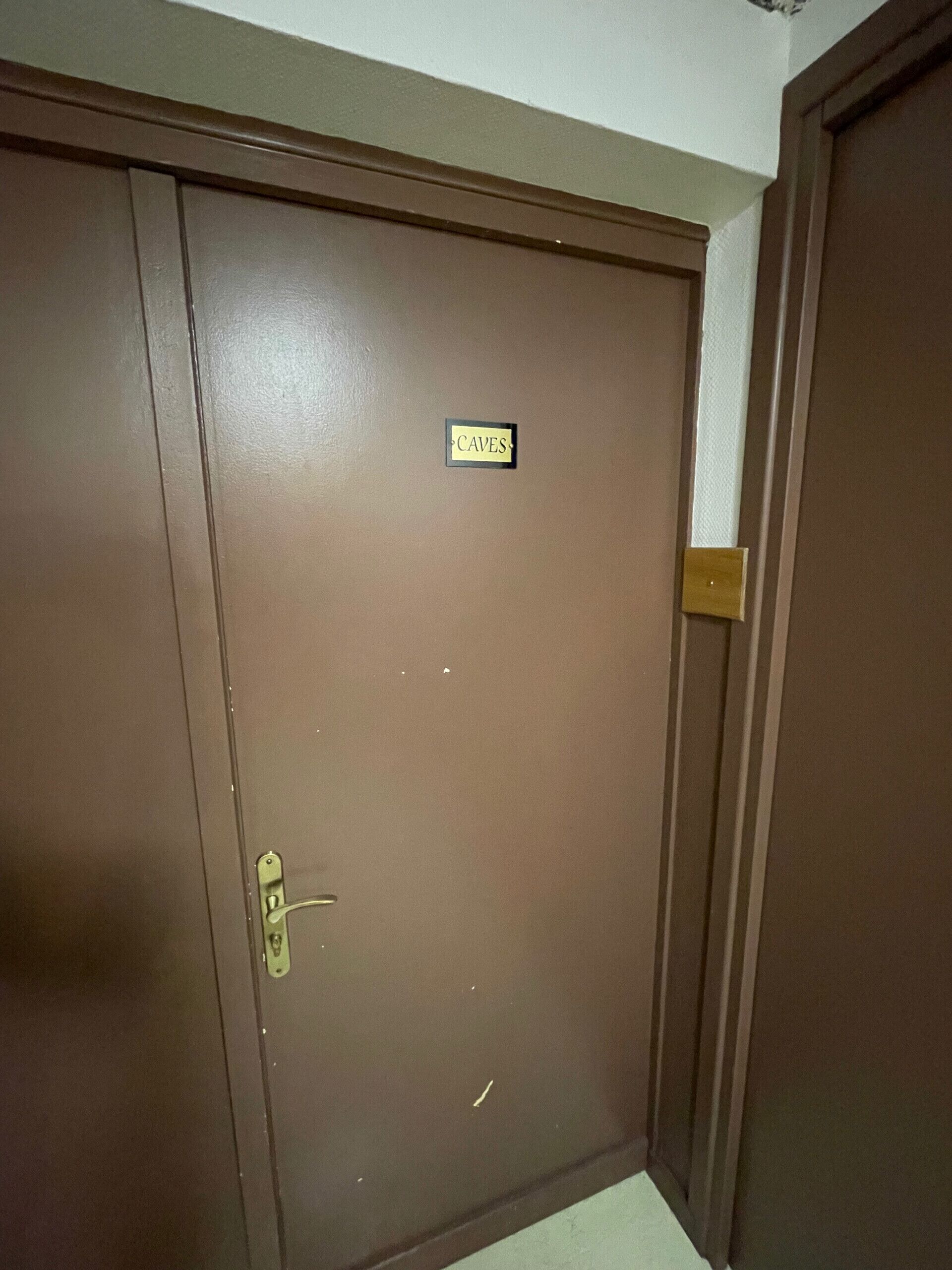 A brown door with a sign that reads "CAVES".