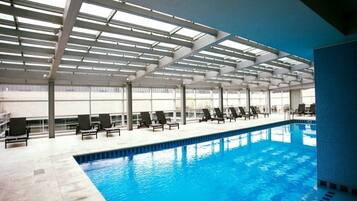 Indoor pool, outdoor pool, open 10:00 AM to 7:00 PM, pool loungers