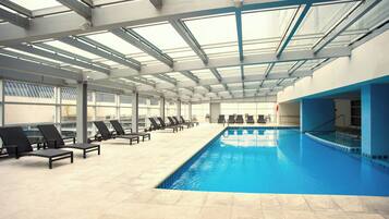 Indoor pool, outdoor pool, open 10:00 AM to 7:00 PM, sun loungers