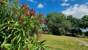 A park with green grass, trees, and red flowers under a blue sky with clouds. - Les Bulles Perchées de Lartigue (Margouet-Meymes)