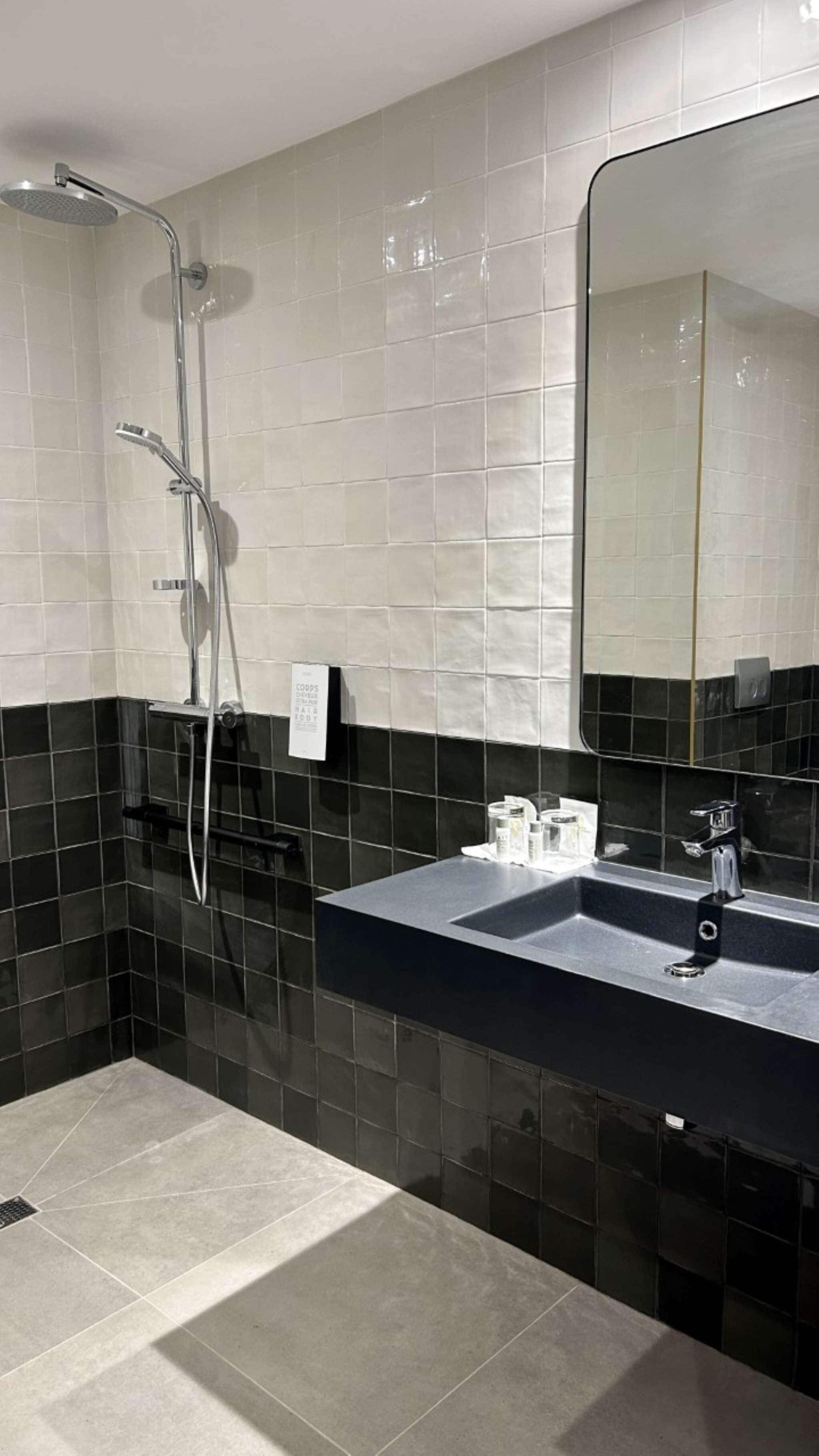 A modern bathroom with a shower, a sink, and a mirror.