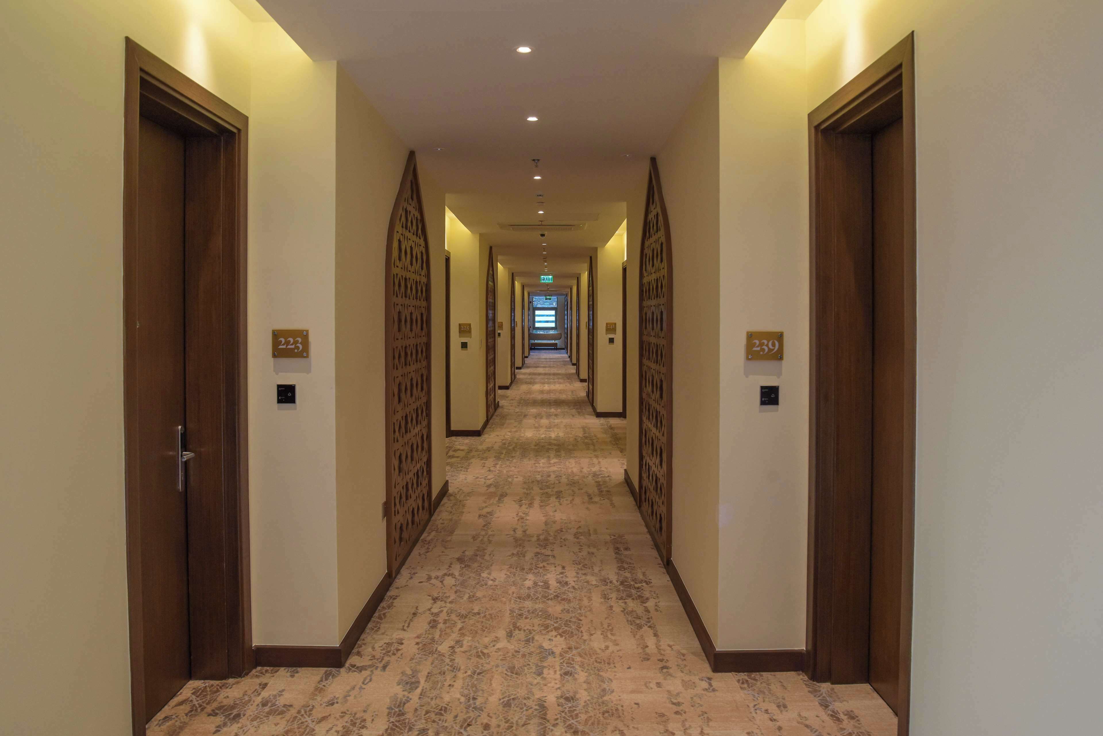 A hotel hallway with carpeted floors, wooden doors, and numbered room signs.