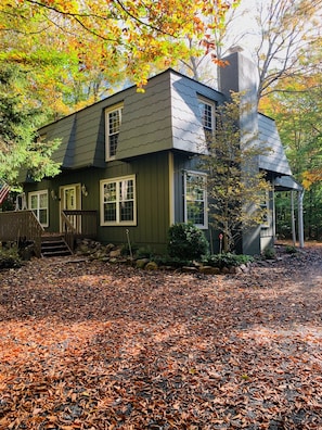 A two-story house with a dark green exterior, a chimney, and a porch with steps leading to the front door.