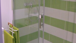 A glass-enclosed shower with green and white tiles, a handheld showerhead, and a handheld scrubber. - Maison D'hôtes Chambre Champêtre (La Chailleuse)