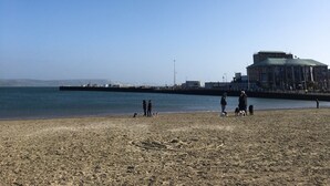 A beach with people and dogs, a clear sky, and a building in the background. - 5 bed, 5 bath, Slps 18, Town Ho. 60 yds Weymth beach & harbour, NEWLY RENOVATED! (Weymouth)