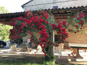 Un área de estar al aire libre de estilo rústico con sillas de mimbre y una mesa de madera, rodeada por un edificio de ladrillo con techo de tejas.