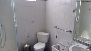Un bagno con il water, un lavandino e una doccia.