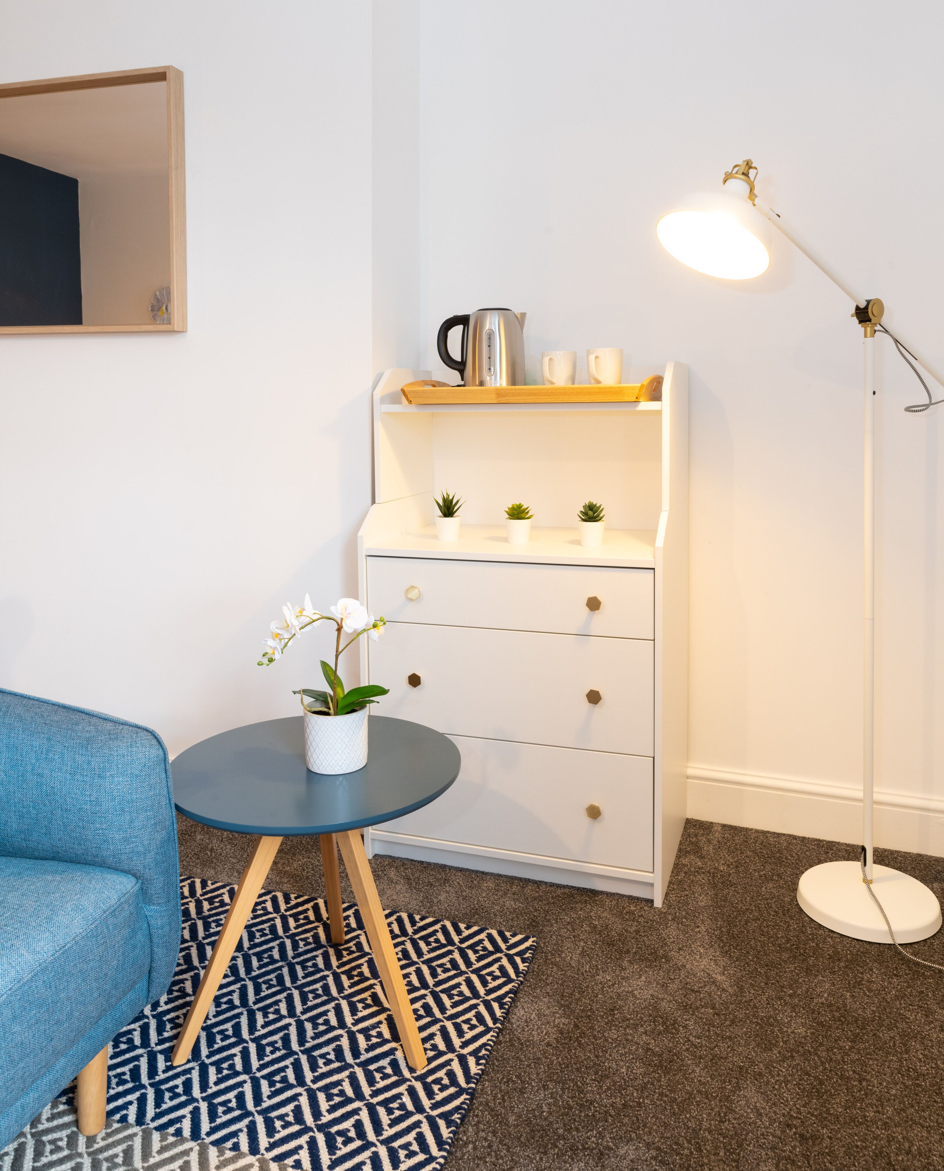 A modern room with a blue sofa, a white dresser with drawers, a small round table with a potted plant, a floor lamp, and a patterned rug.