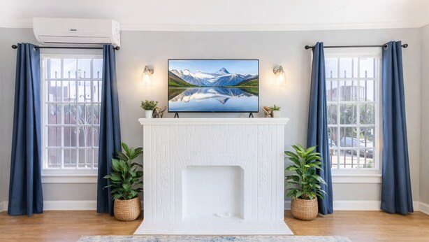 A living room with a fireplace, a large TV mounted above it, and two potted plants on either side.