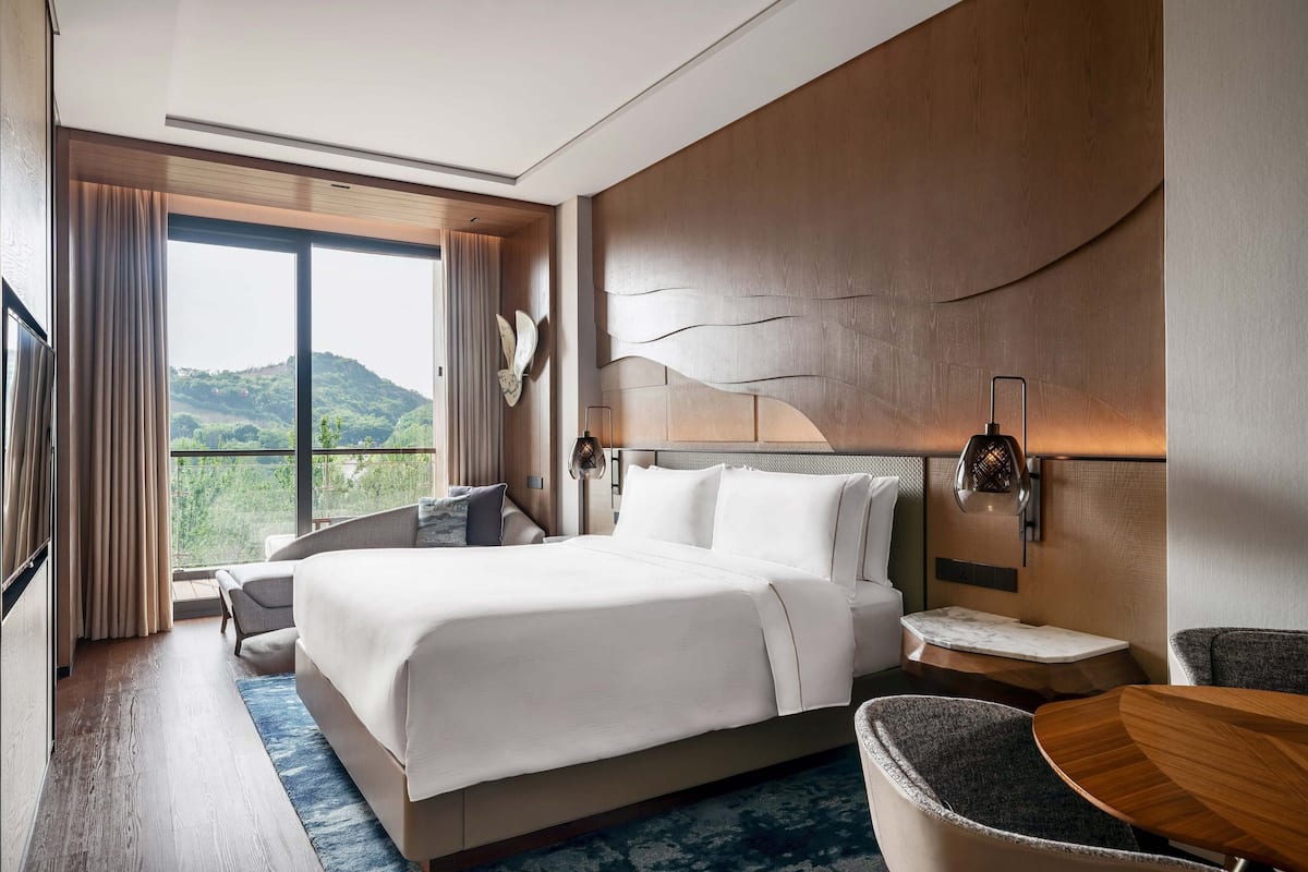 Een moderne hotelkamer met een groot bed, uitzicht op groen en een houten accentmuur.