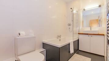 Combined shower/tub, hair dryer, towels, soap