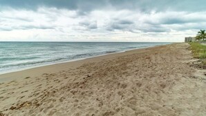 Une plage avec un rivage sablonneux et un ciel nuageux.