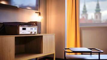 Premium bedding, down duvets, blackout curtains, soundproofing