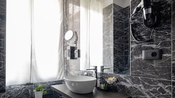 Shower, rainfall showerhead, designer toiletries, hair dryer