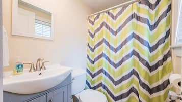 Duschwanne, Haartrockner, HandtĂŒcher, Toilettenpapier