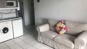 Ein kompakter Wohnraum mit Küchenzeile, Waschmaschine, einer Couch mit farbigem Kissen und einem Bild an der Wand.