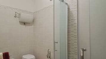 A modern bathroom with a glass-enclosed shower, a toilet, and a bidet.