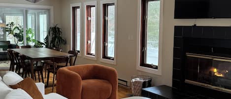 Smart TV, fireplace, video games, books