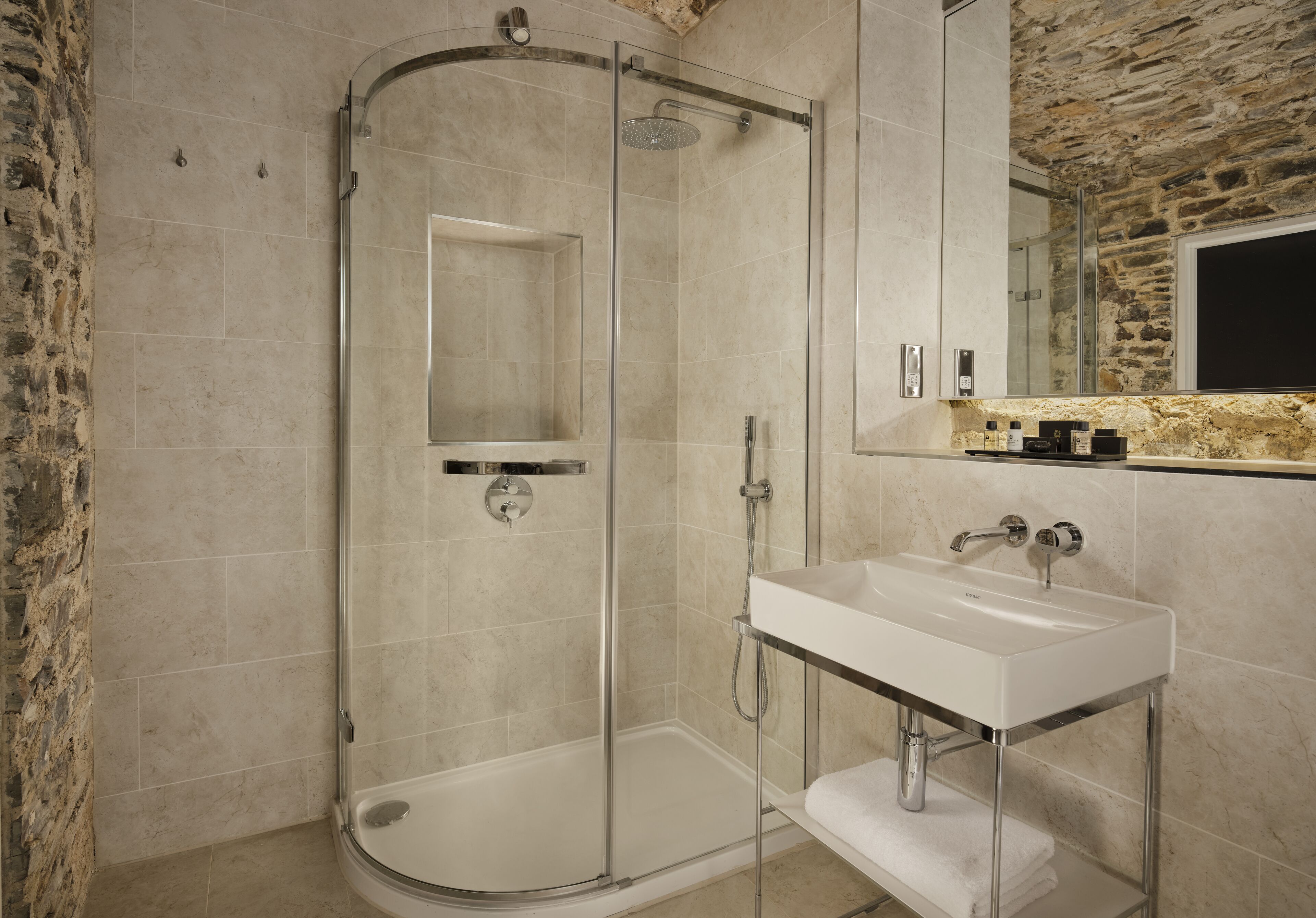 separate bathtub and shower, deep-soaking bathtub, rainfall showerhead
