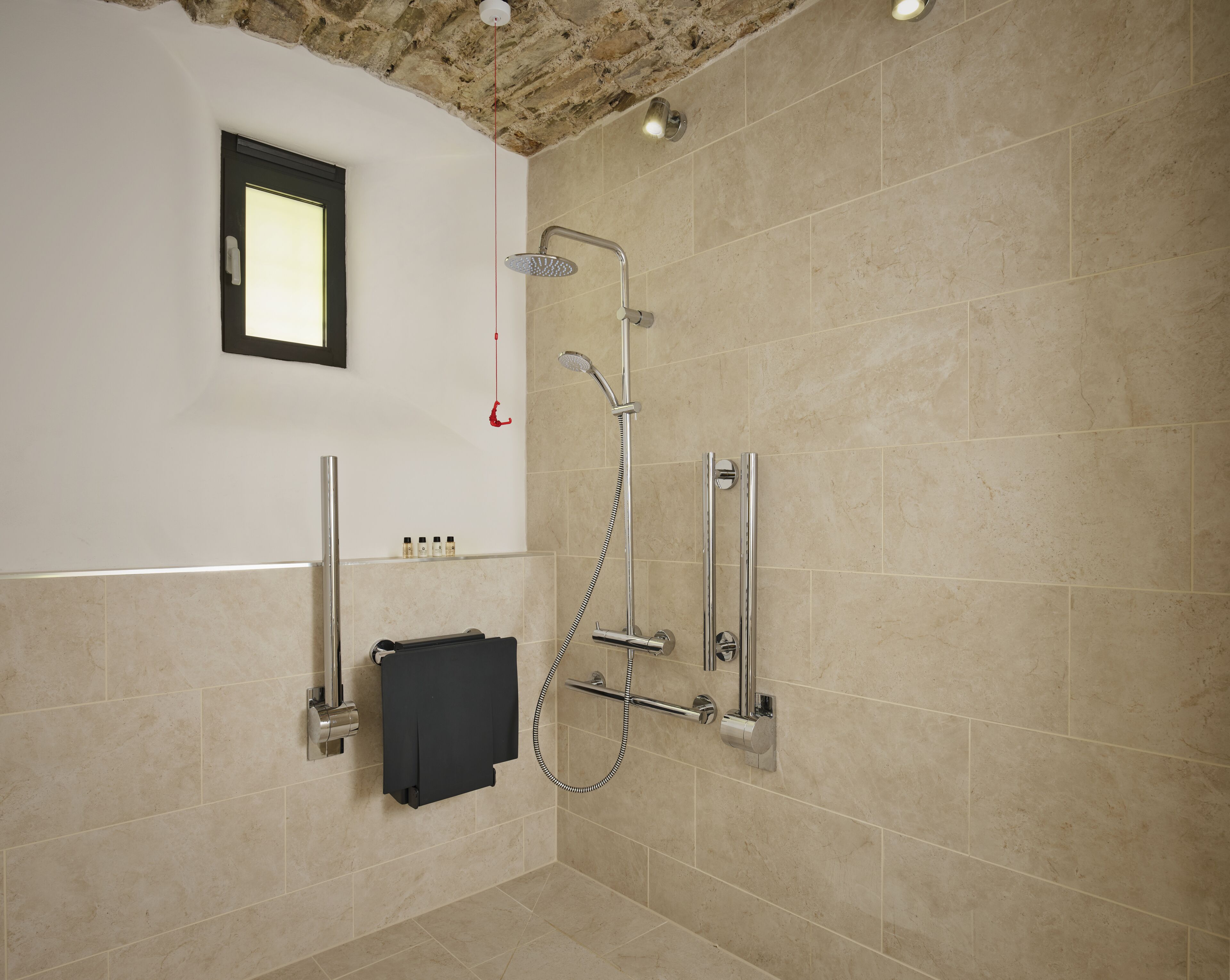 A modern shower area with a glass door, a towel rack, and a handheld showerhead.