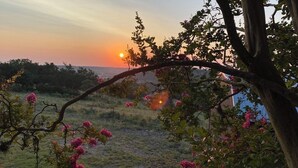 A sunset view with a tree branch in the foreground and a distant building. - Arrowhead Cabin at Wolf Creek Guest Ranch (Fredericksburg)