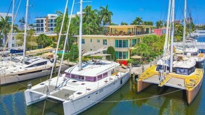 Un puerto deportivo con varios yates amarrados, rodeado de edificios y palmeras.