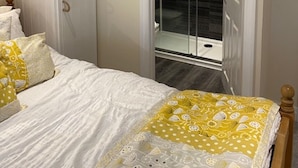 A bedroom with a bed, a wardrobe, and a shower area.