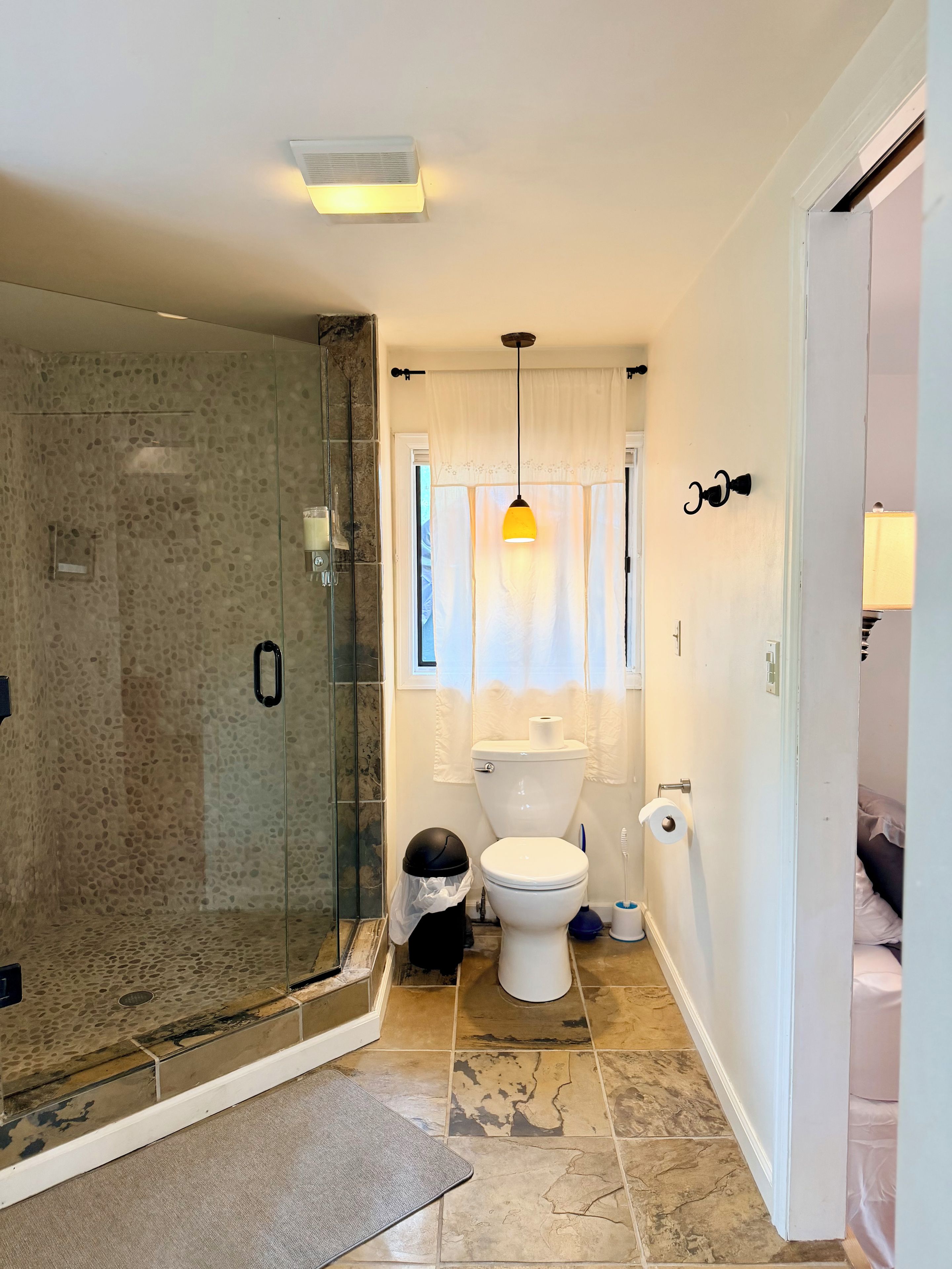 Une salle de bain avec une douche à parois de verre, des toilettes et un lavabo.
