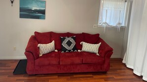 A red sofa with patterned cushions, a wall-mounted painting, and a window with white curtains. - The Guest Cottage in Lake City (Lake City)
