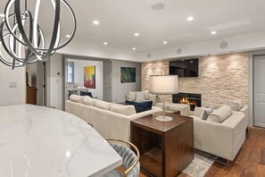 Smart TV, fireplace, DVD player, books