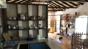 A rustic kitchen with wooden shelves, a sink, and a dog. - Arcadia, an idyllic, original, traditional farmhouse (Tyros)