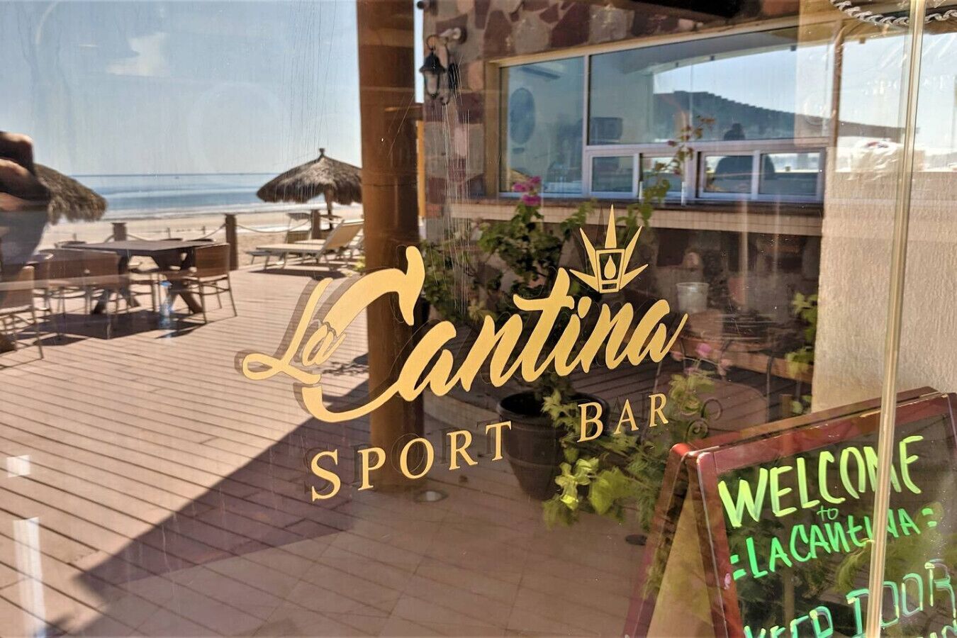 A beachside bar named 'La Cantina Sport Bar' with outdoor seating and a view of the ocean.