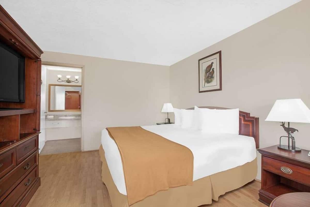 A hotel room with a large bed, wooden furniture, a television, and a framed picture on the wall.