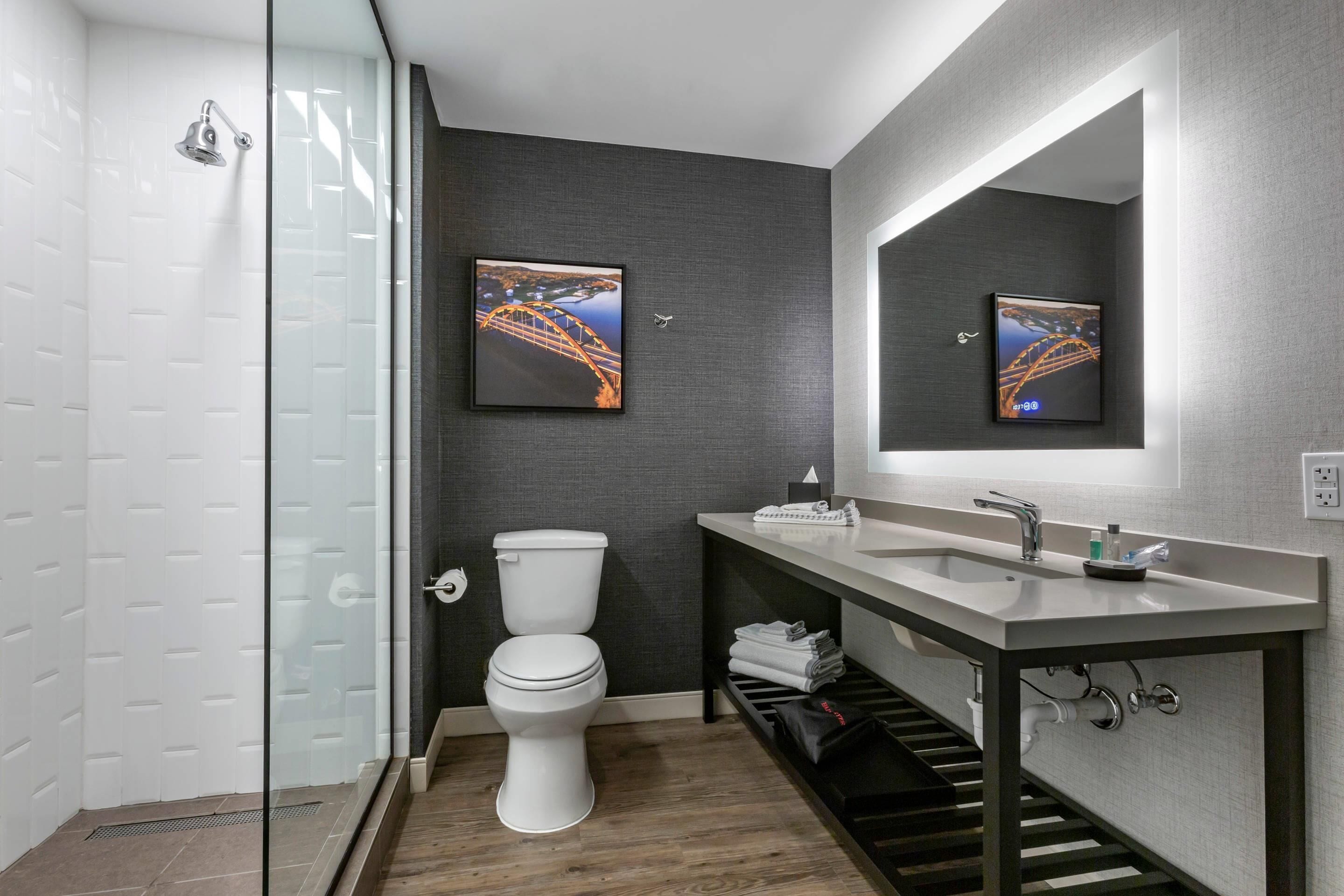 Une salle de bain moderne avec une douche à parois de verre, des toilettes, un meuble-lavabo avec un miroir et deux tableaux encadrés accrochés au mur.