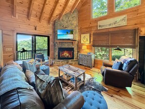 TV, fireplace, books - Glory Days Getaway - Mountain Views from every bedroom | Hot Tub | Pool Table | Fire Pit (Blue Ridge)