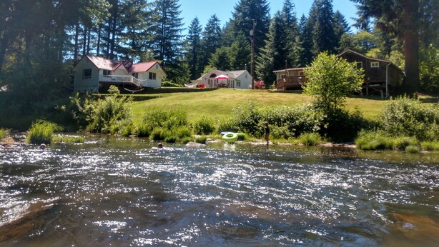 A riverside property with multiple cabins, a grassy area, and dense forest in the background.