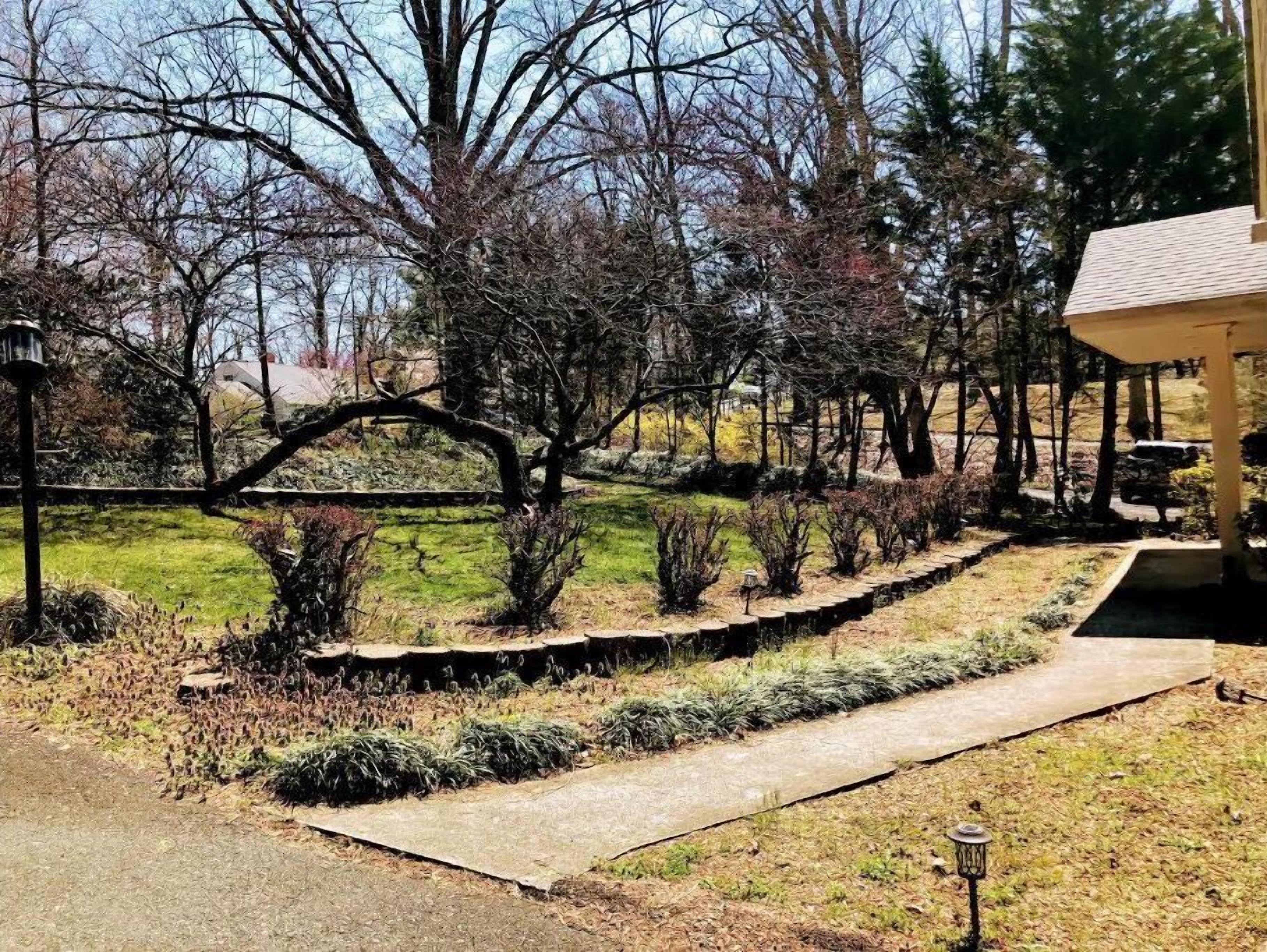 Un jardín ajardinado con un camino de piedra, arbustos y árboles.