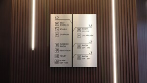 A hotel elevator interior with a directory sign listing amenities and room numbers. - The Viv Hotel Wellington (Wellington)