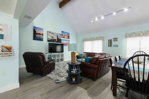 Smart TV, fireplace, video games, DVD player