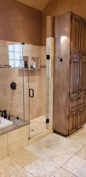 Hair dryer, towels, soap, shampoo