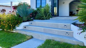 Ein modernes Haus mit Glastür, einer Treppe aus Beton zum Eingang und einem gepflegten Garten mit verschiedenen Pflanzen und Blumen.