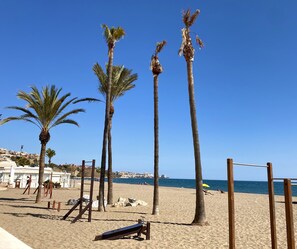 A beach with palm trees, a wooden bench, and a clear blue sky.