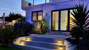 Ein modernes Haus mit gut beleuchtetem Eingang, Stufen und einem Garten mit verschiedenen Pflanzen.