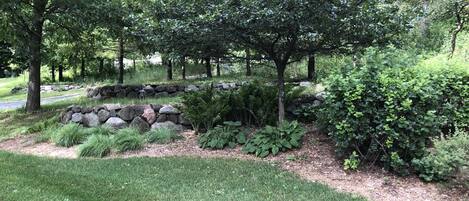 A landscaped garden with a stone wall, various shrubs, and a well-maintained lawn.