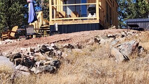Une cabane en bois avec un porche, un drapeau américain et une vue sur de grands pins.
