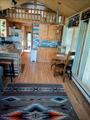 Cozy living space with a central kitchen, dining table, and patterned rug.