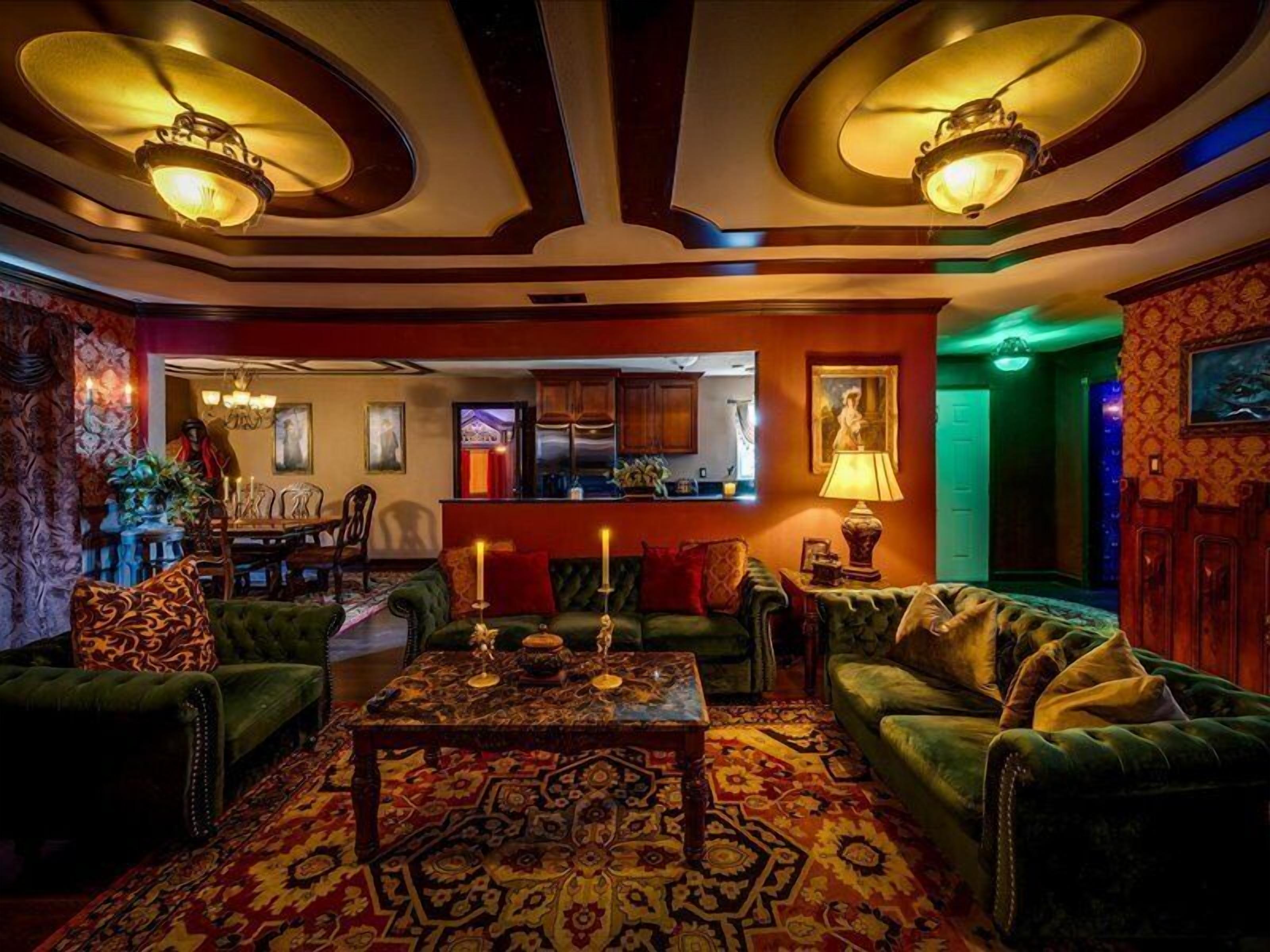 Smart TV, fireplace, books, stereo