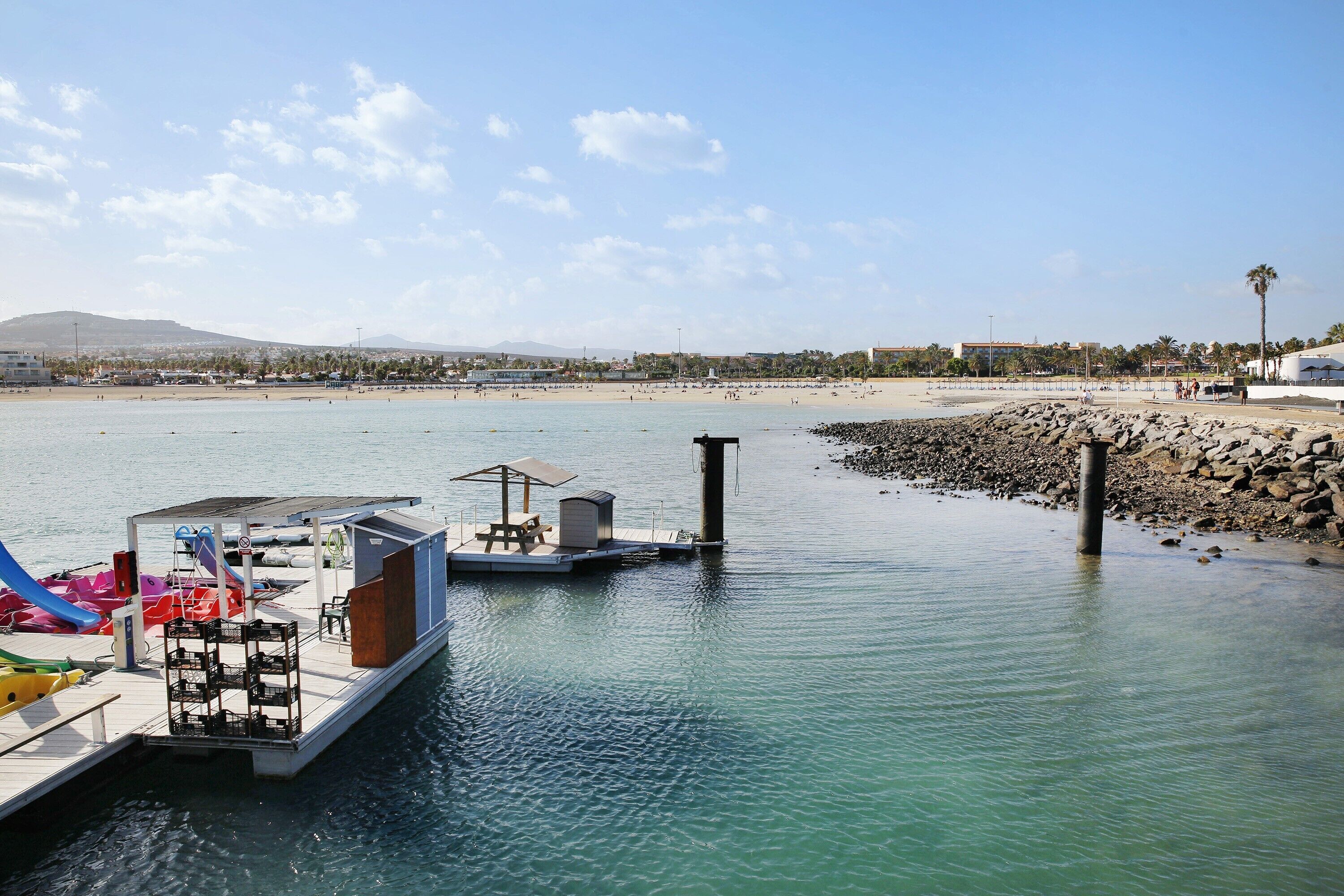 A marina with boats docked, a pier extending into the water, and a beach in the background.